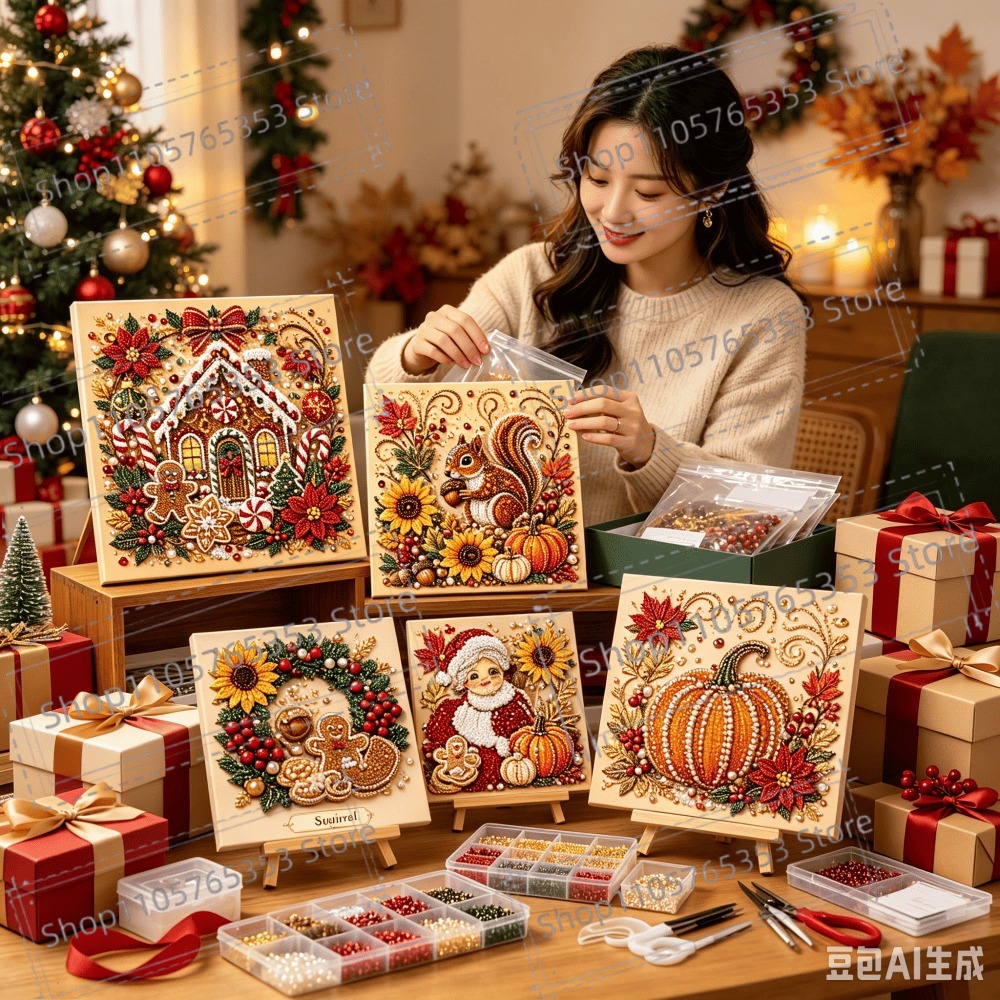 Art Craft Holiday - 2026 DIY Weihnachts-Perlen-Diamant-Malerei-Kunstset mit Rahmen, Heimwanddekoration