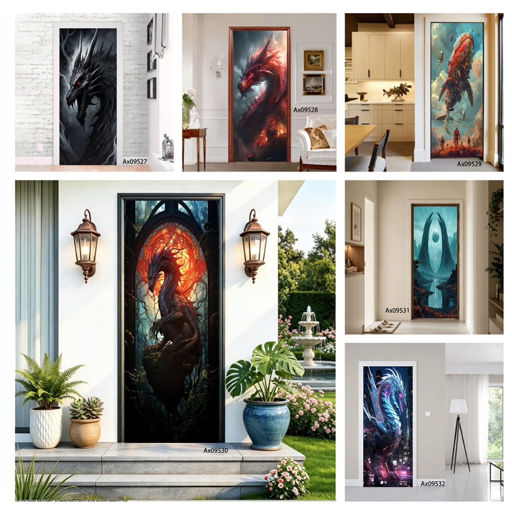 Wallpaper Art And Craft - Fantasy-Drachen-Kunst-Türfolie, Mystische Bestie, Sci-Fi-Kreatur, Türaufkleber, Tapetensticker